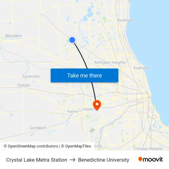 Crystal Lake Metra Station to Benedictine University map