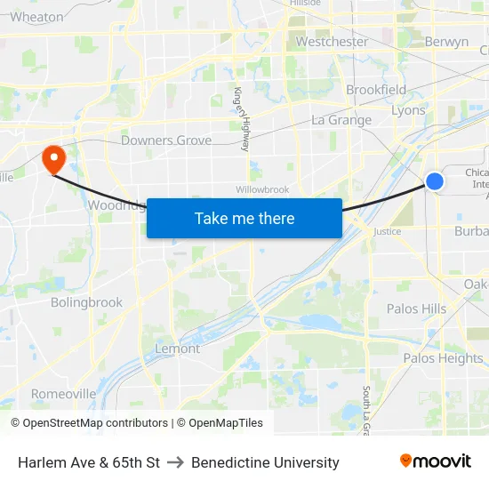 Harlem Ave & 65th St to Benedictine University map