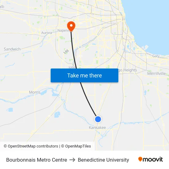 Bourbonnais Metro Centre to Benedictine University map