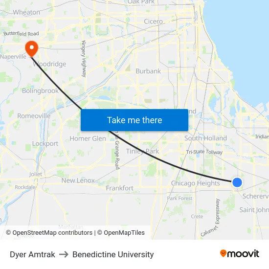 Dyer Amtrak to Benedictine University map