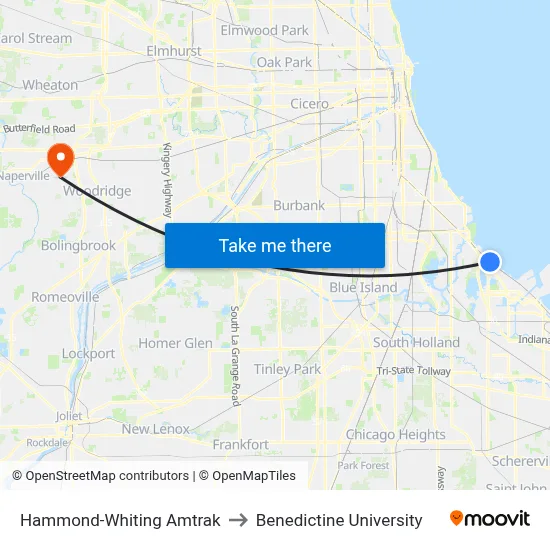 Hammond-Whiting Amtrak to Benedictine University map