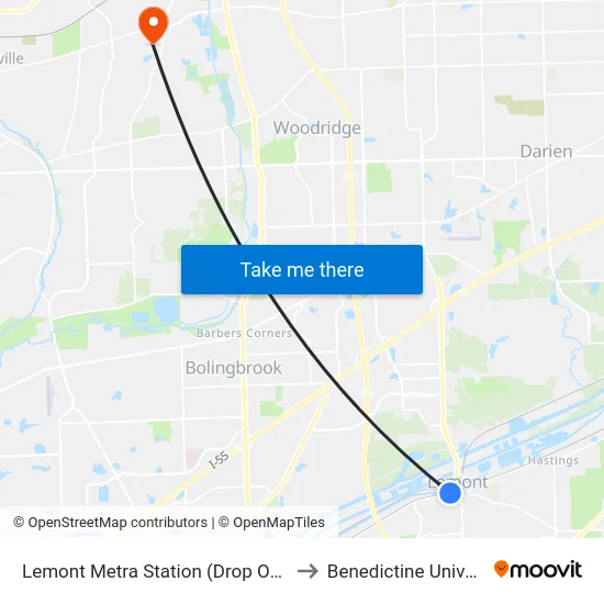 Lemont Metra Station (Drop Off Only) to Benedictine University map