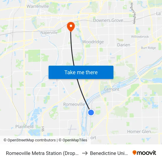 Romeoville Metra Station (Drop Off Only) to Benedictine University map