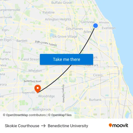 Skokie Courthouse to Benedictine University map