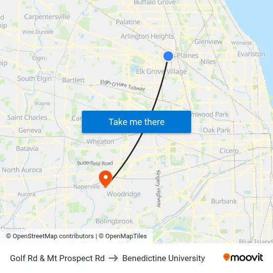 Golf Rd & Mt Prospect Rd to Benedictine University map