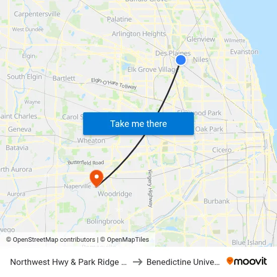 Northwest Hwy & Park Ridge Point to Benedictine University map