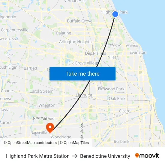 Highland Park Metra Station to Benedictine University map