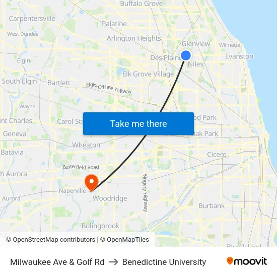 Milwaukee Ave & Golf Rd to Benedictine University map
