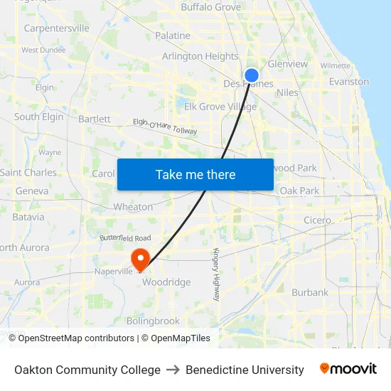 Oakton Community College to Benedictine University map