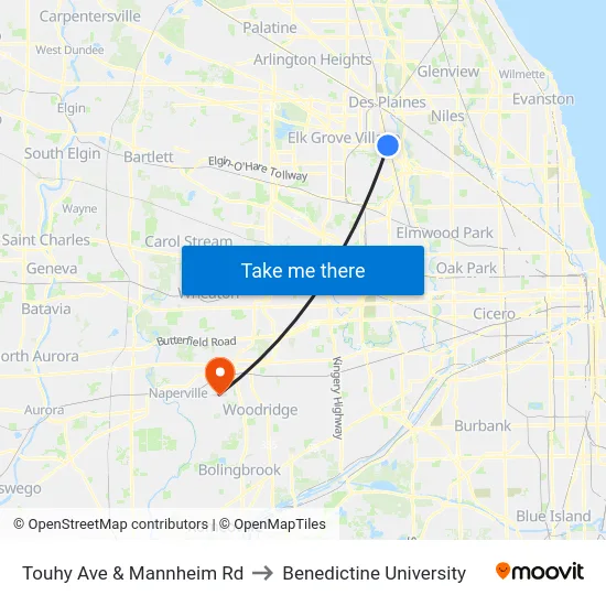 Touhy Ave & Mannheim Rd to Benedictine University map