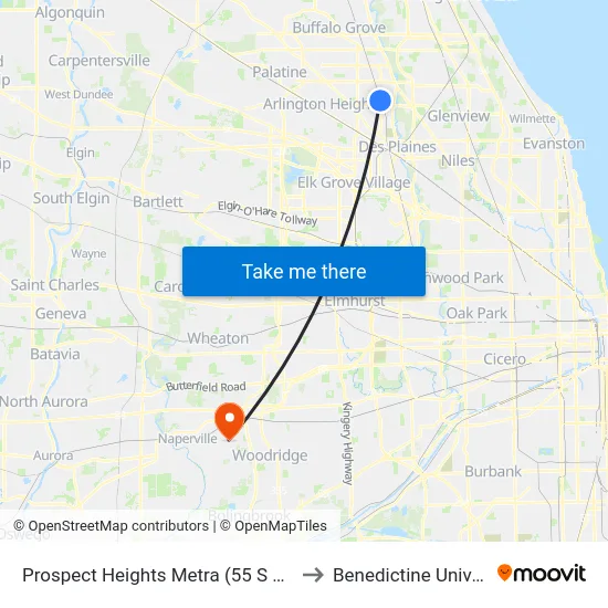 Prospect Heights Metra (55 S Wolf Rd) to Benedictine University map