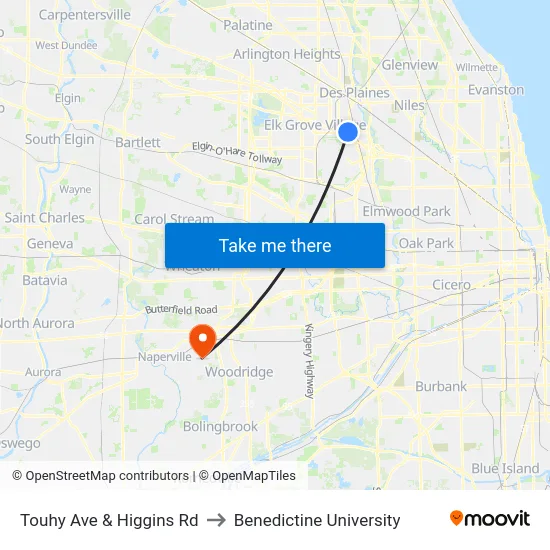 Touhy Ave & Higgins Rd to Benedictine University map