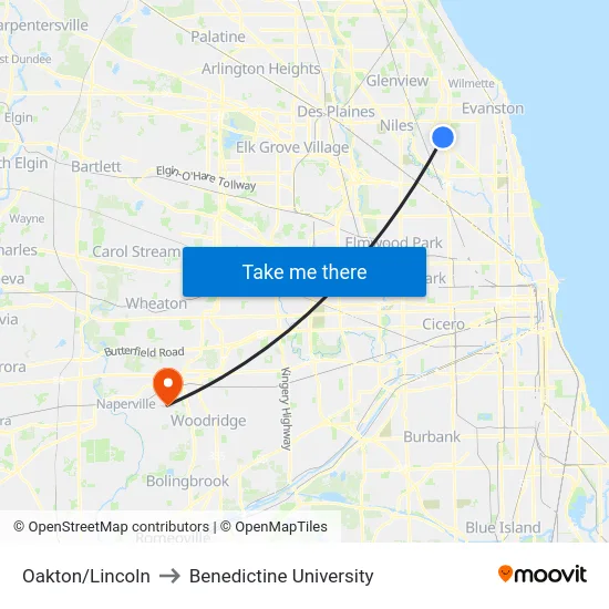 Oakton/Lincoln to Benedictine University map