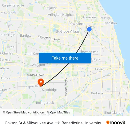 Oakton St & Milwaukee Ave to Benedictine University map