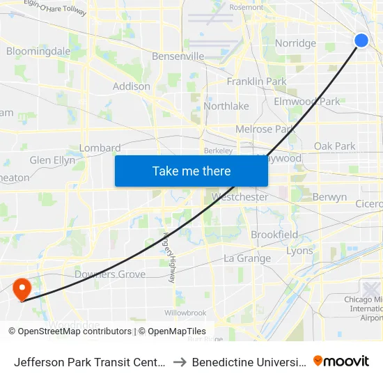 Jefferson Park Transit Center to Benedictine University map
