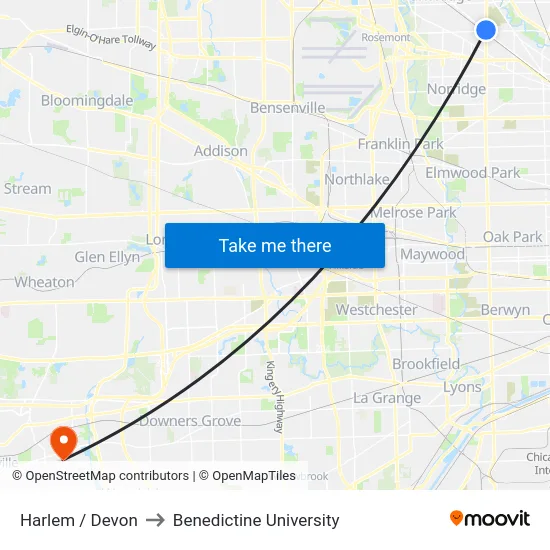 Harlem / Devon to Benedictine University map