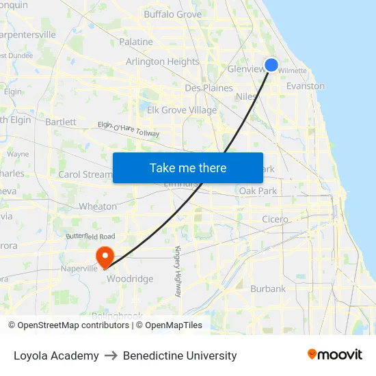 Loyola Academy to Benedictine University map