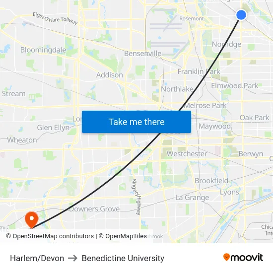 Harlem/Devon to Benedictine University map