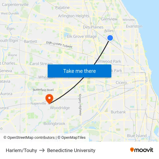 Harlem/Touhy to Benedictine University map
