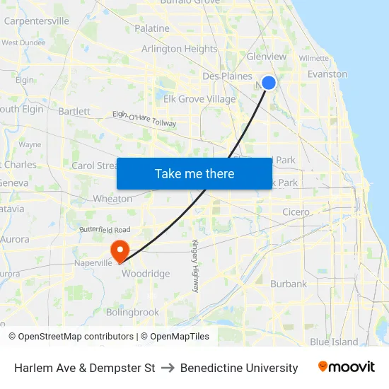 Harlem Ave & Dempster St to Benedictine University map