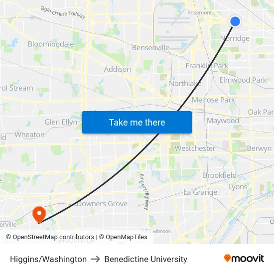 Higgins/Washington to Benedictine University map