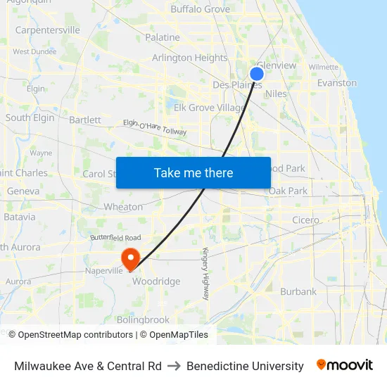 Milwaukee Ave & Central Rd to Benedictine University map