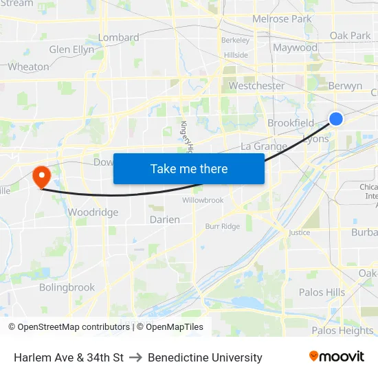 Harlem Ave & 34th St to Benedictine University map