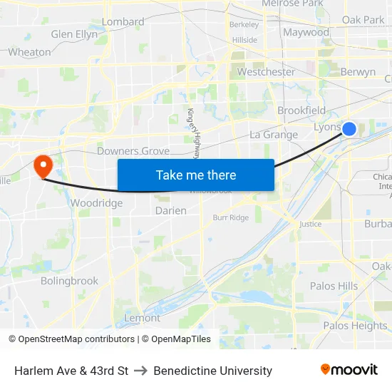 Harlem Ave & 43rd St to Benedictine University map