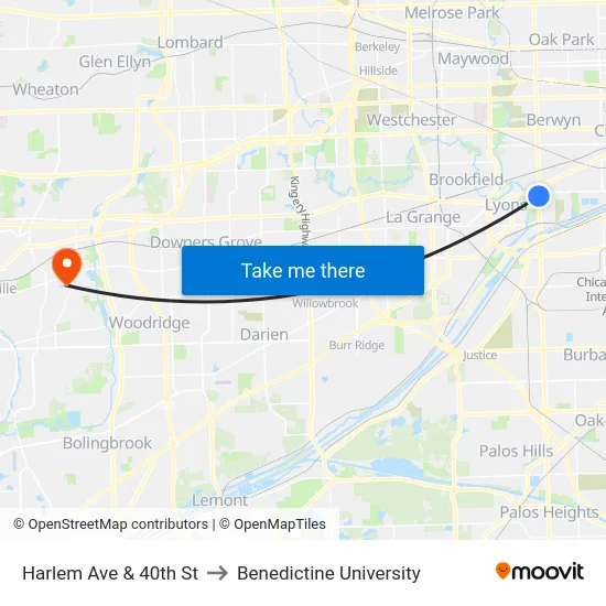 Harlem Ave & 40th St to Benedictine University map