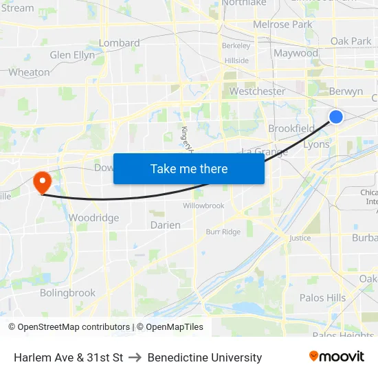 Harlem Ave & 31st St to Benedictine University map