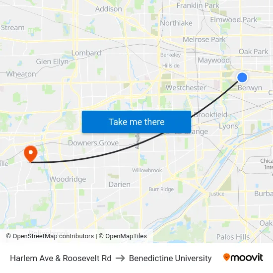 Harlem Ave & Roosevelt Rd to Benedictine University map