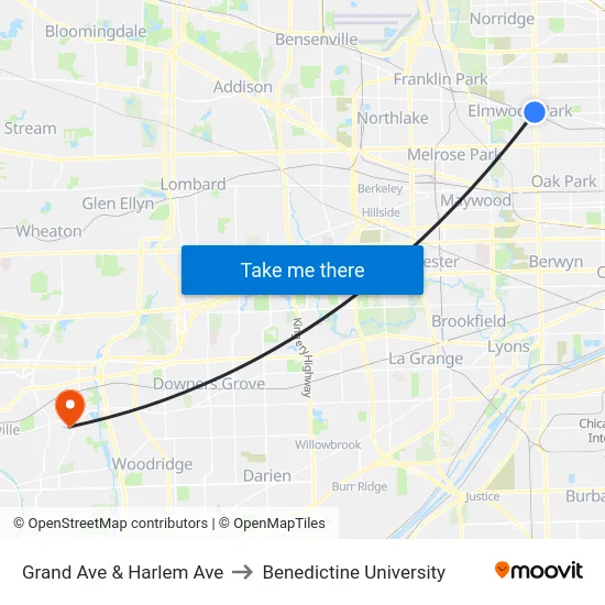 Grand Ave & Harlem Ave to Benedictine University map