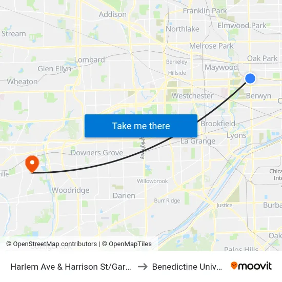 Harlem Ave & Harrison St/Garfield St to Benedictine University map