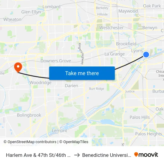 Harlem Ave & 47th St/46th St to Benedictine University map