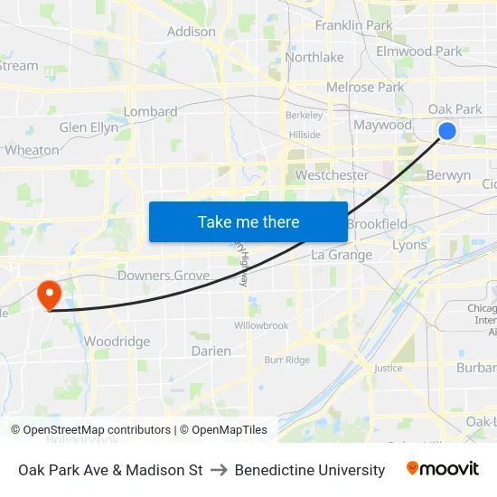Oak Park Ave & Madison St to Benedictine University map