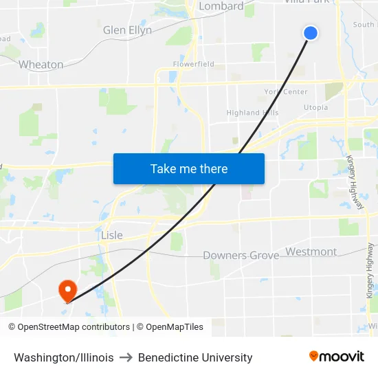 Washington/Illinois to Benedictine University map