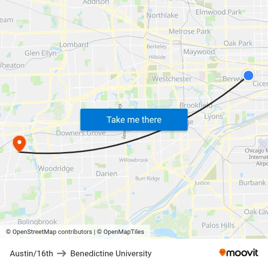 Austin/16th to Benedictine University map