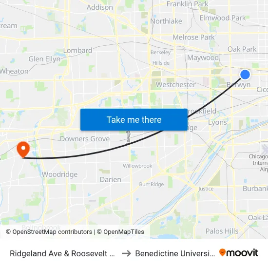 Ridgeland Ave & Roosevelt Rd to Benedictine University map