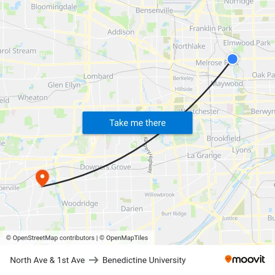 North Ave & 1st Ave to Benedictine University map