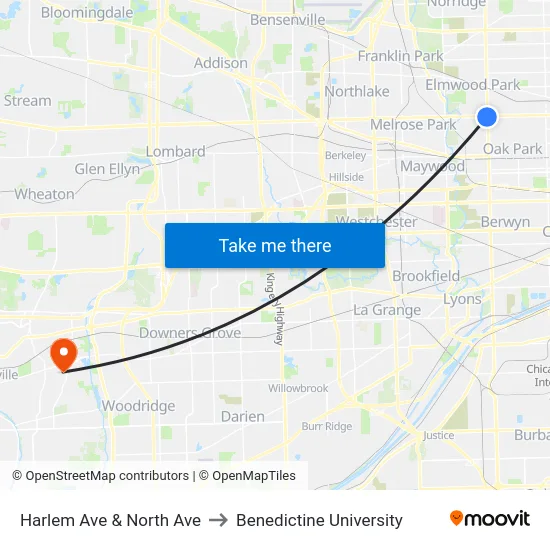 Harlem Ave & North Ave to Benedictine University map