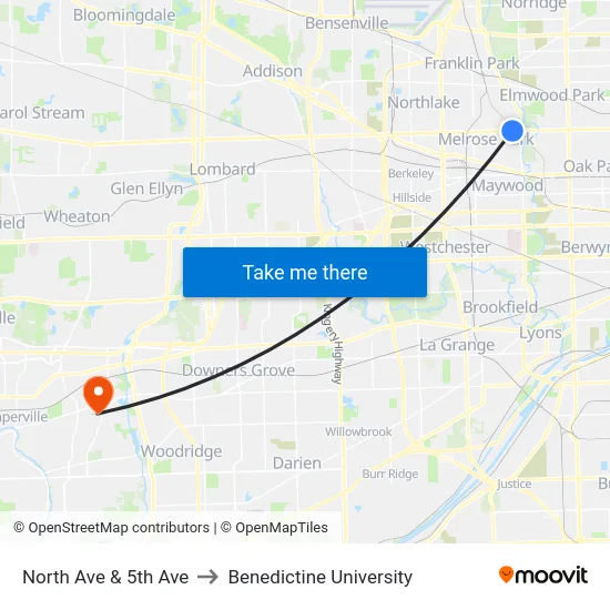 North Ave & 5th Ave to Benedictine University map