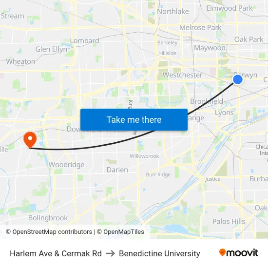 Harlem Ave & Cermak Rd to Benedictine University map