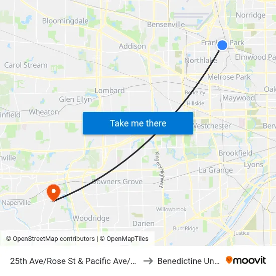 25th Ave/Rose St & Pacific Ave/Belmont Ave to Benedictine University map