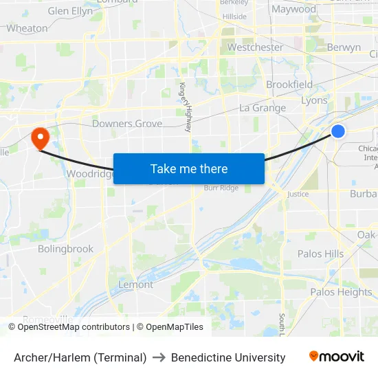 Archer/Harlem (Terminal) to Benedictine University map
