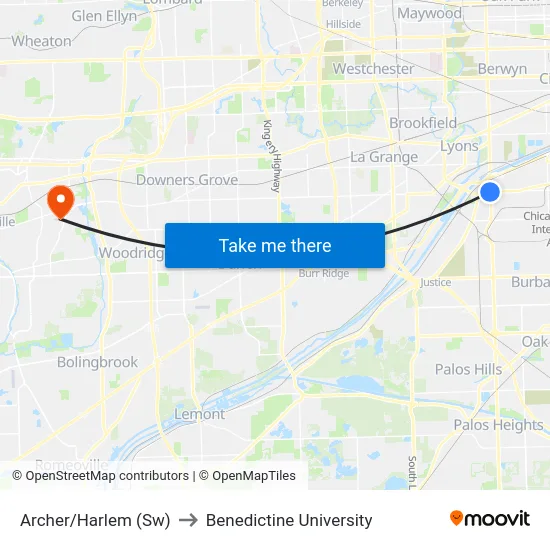 Archer/Harlem (Sw) to Benedictine University map