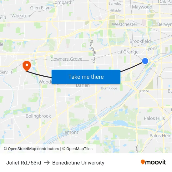 Joliet Rd./53rd to Benedictine University map