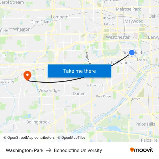 Washington/Park to Benedictine University map