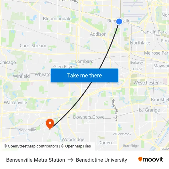 Bensenville Metra Station to Benedictine University map