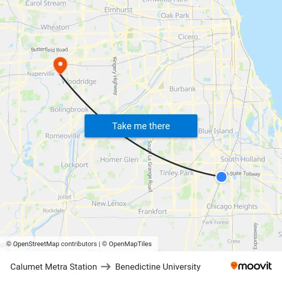 Calumet Metra Station to Benedictine University map