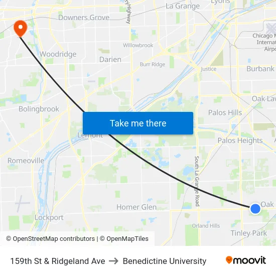 159th St & Ridgeland Ave to Benedictine University map